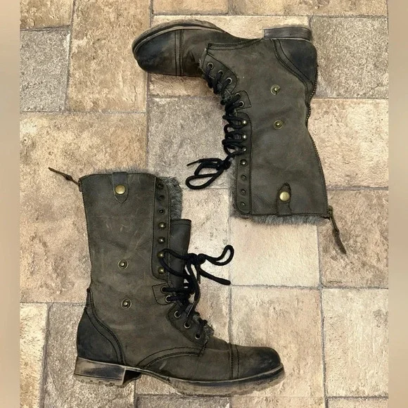 CUDDLE-F Leather Combat Boots 8.5M Fur Lined Lace Up Mid Calf Gray - Picture 2 of 7